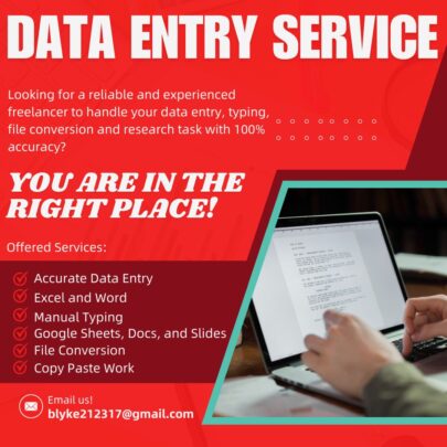 278500I will do accurate data entry and excel spreadsheets also i will create professional business presentations and assignments