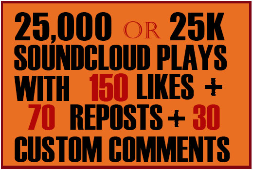 25,000 SOUNDCLOUD PLAYS + 150 LIKES +70 REPOSTS + 30 CUSTOM COMMENTS