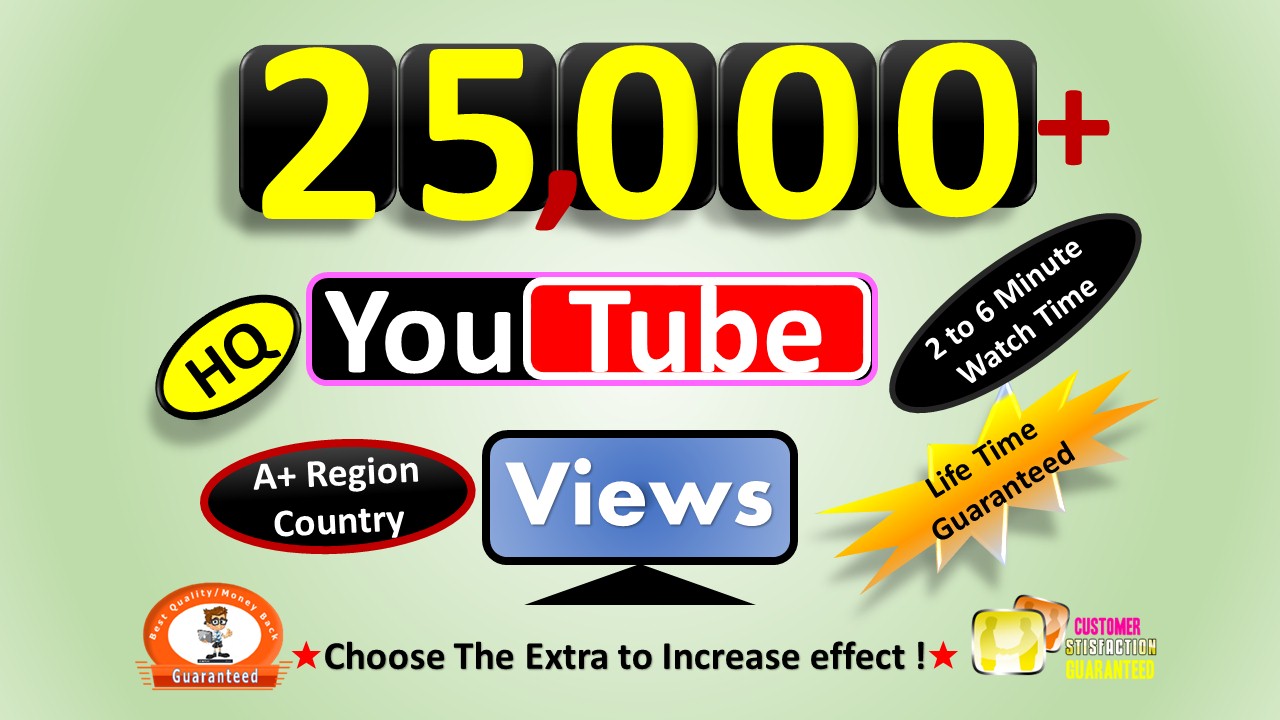 Instant Start 25,000+ YouTube Video Views & 100 Likes From A+ Country, HQ Retention, Non Drop / Refill Guarantee incase Drop.