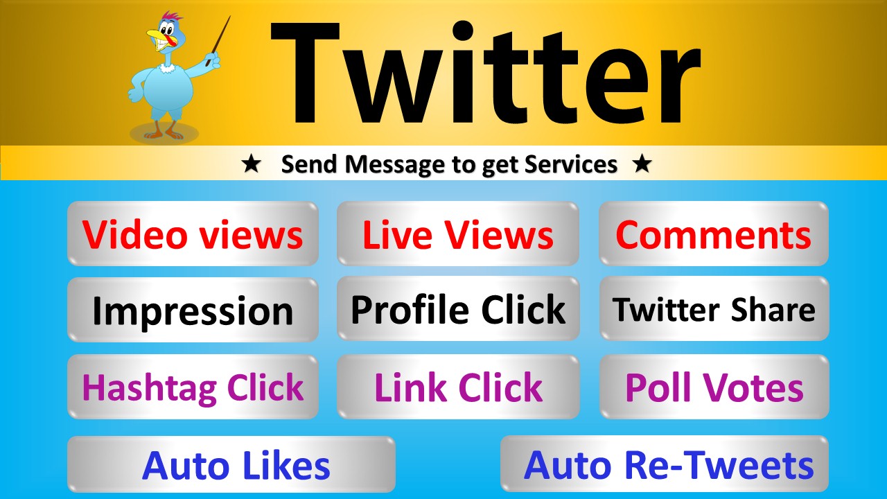 Get Organic Twitter Video Views, Live Views, Impression, Comments, Share, Hashtag Click, Poll Votes, Profile Click are Real Active Users Guarantee.