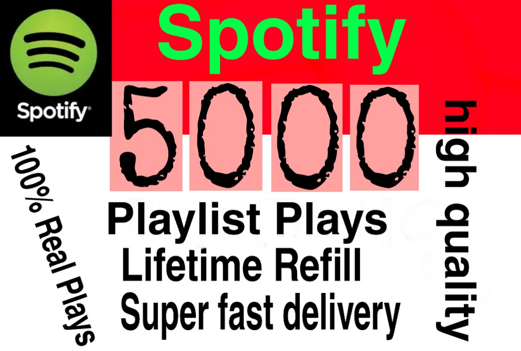 I will  give you 5000+ HQ Spotify playlist plays lifetime   Refill Delivered Fast!