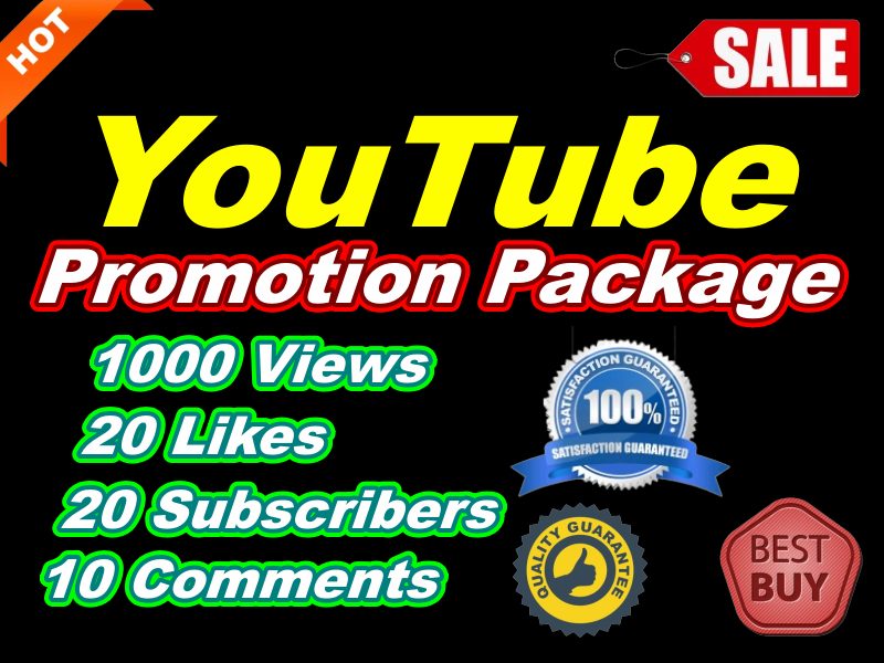 YouTube Promotion Package Get more YouTube 1000 Views and 20 Likes, 20 Subscribers, 10 Comments