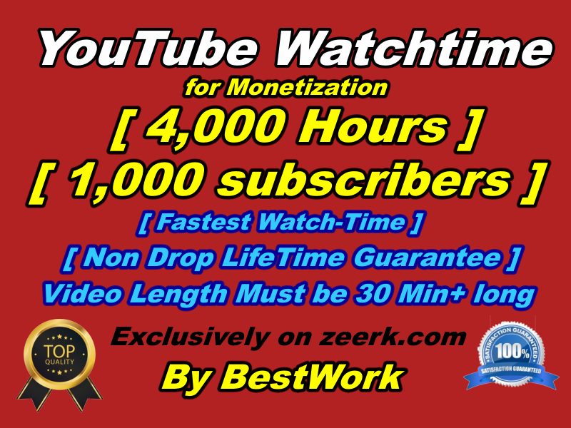 I will give you 4,000 hours watch time and 1,000 subscribers for Youtube Monetization Non-drop Lifetime Guarantee