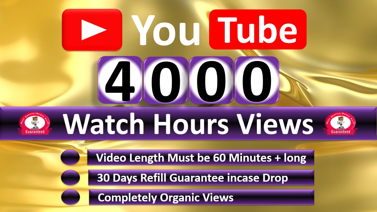Get Organic 4000 Hours Watch Time YouTube Video Views & 1000 Video Likes, Refill Guaranteed,