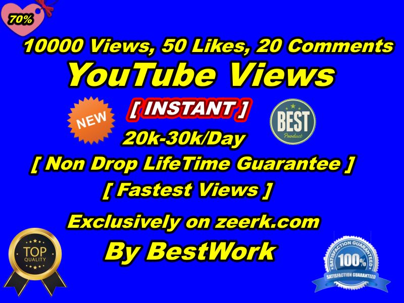 You will get 10000-15000+ YouTube Views, 100+ YouTube Likes, 20 YouTube Comments Non-Drop LifeTime Guaranteed