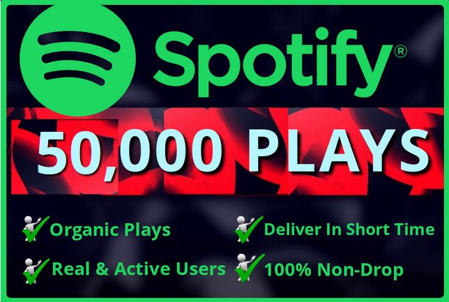 Add Real  50,000 Spotify Plays HQ – Permanent Non– Drop Life Time Guarantee