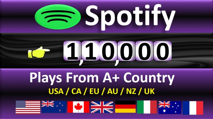 Get ORGANIC 110,000 Spotify Plays From A+ Country USA/CA/EU/AU/NZ/UK, Real and Active Users , Permanent Guaranteed