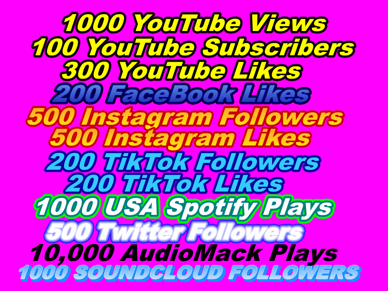 I will give 1000 YouTube Views Or 100 YouTube Subscribers Or 300 YouTube Likes Or 200 FaceBook Likes Or 500 Instagram Followers Or 500 Instagram Likes Or, 200 TikTok Followers