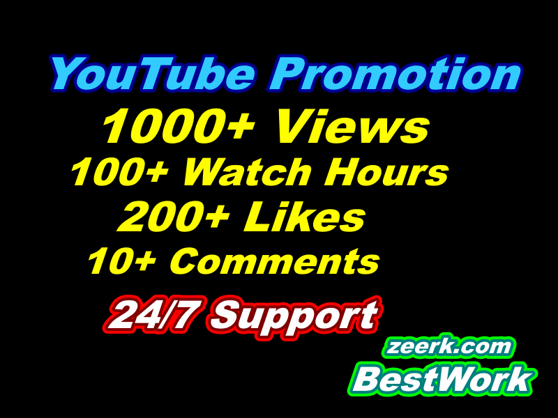 Add 1000 YouTube Views, 100 Watch Hours, 200 Likes, 10 Comments High-Quality YouTube Promotion