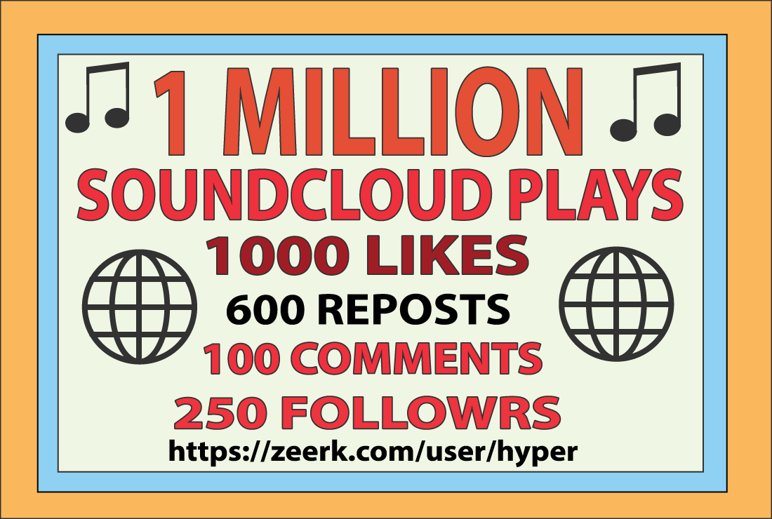 1,000,000 SOUDCLOUD PLAYS, 1000 LIKES, 600 REPOSTS, 100 COMMENTS, 250 FOLLOWERS