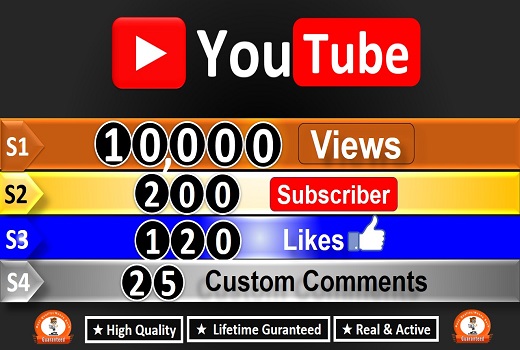 Get Package: 10,000+ Views, 200 Subscriber, 120 Likes & 25 Custom Comments REAL Viewers, Non-Drop / LifeTIme Refill Guarantee incase Drop