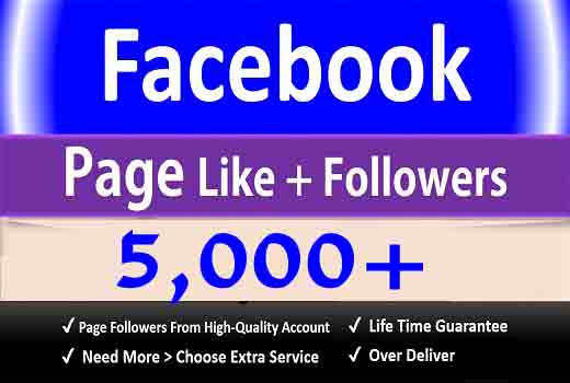 Get 5K+ Facebook Fan Page Likes + Followers, Permanent Active User 100% Guaranteed, Non Dropped.
