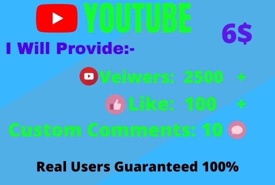 I Will give Organic YouTube Promotion 2500 views,100 likes and comment 10