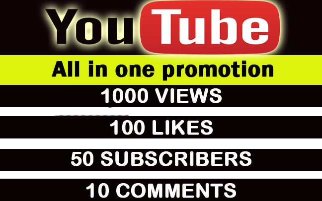 Youtube all in one promotion.1000 views,300 likes, 100 subscribers,10 comments