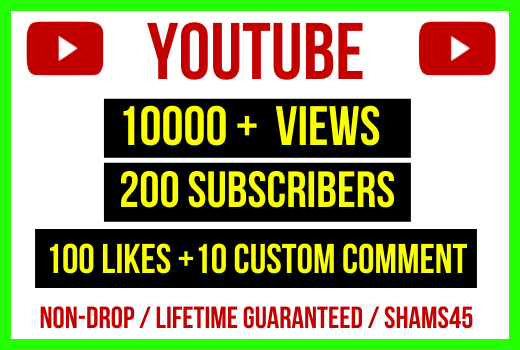 Youtube promotion- Get 10,000 Youtube Video Views with 200 Subscribers + 100 Likes + 10 Custom Comments, Non-Drop and Permanent