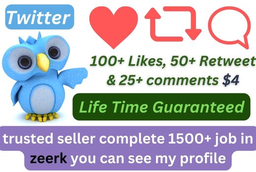 Get Organic 100+ Twitter Like, 50+ Retweet & 25+ comments Real Active HQ Users Guaranteed