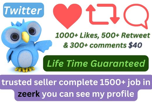 Get Organic 1000+ Twitter Like, 500+ Retweet & 300+ comments Real Active HQ Users Guaranteed
