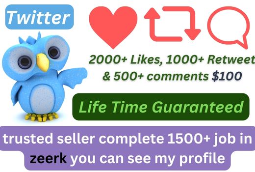 Get Organic 2000+ Twitter Like, 1000+ Retweet & 500+ comments Real Active HQ Users Guaranteed