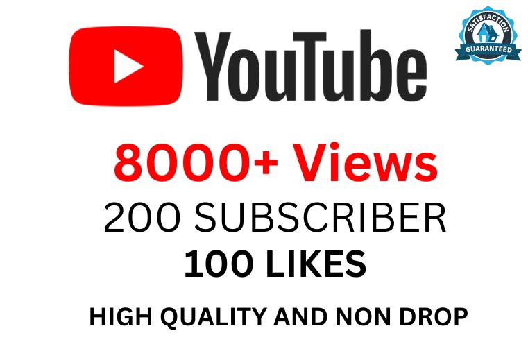 You tube promotion – Get 8000 You tube Video Views with 200 Subscribers + 100 Likes Non-Drop and Permanent Social Media Marketing