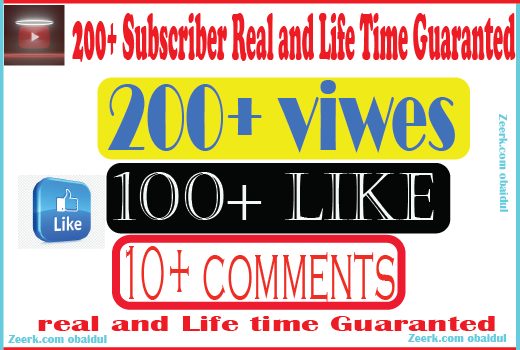200+Youtube subscriber 200+viwes 100+Like and 10 comments Life time Guaranteed