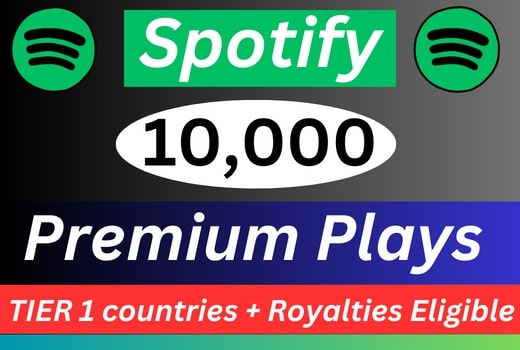 10,000 Spotify Premium Plays TIER 1 countries, active user,nondrop, Royalties Eligible,lifetime guaranteed