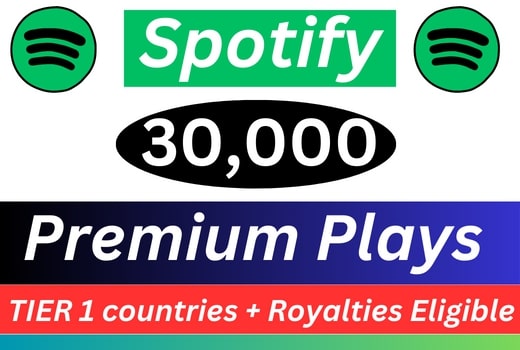 30,000 Spotify Premium Plays TIER 1 countries Royalties Eligible