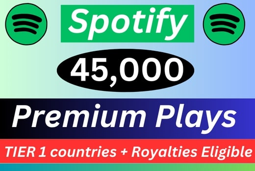 45,000 Spotify Premium Plays TIER 1 countries Royalties Eligible