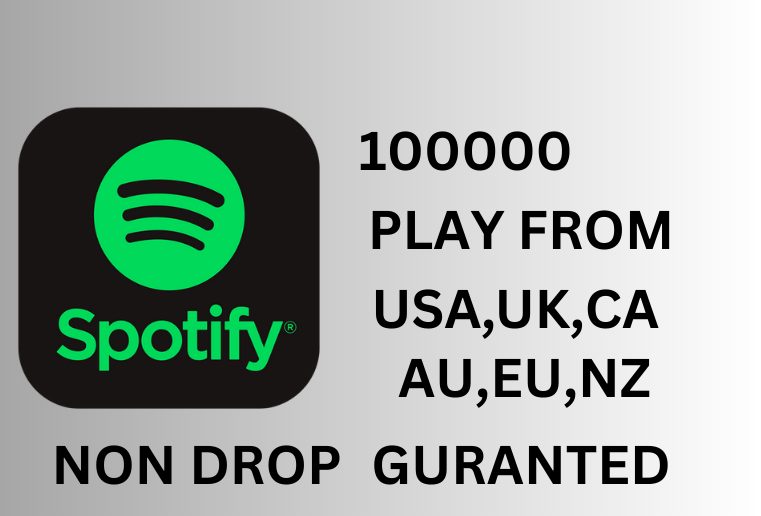I will provide you Organic 1,00000 Spotify play from USA,AU,CA,EU NZ
