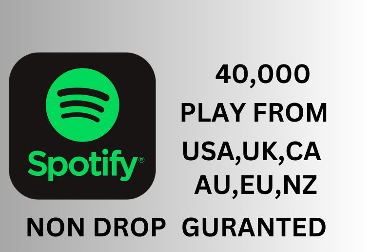 I will provide you organic 40000 Spotify play from USA,CA,AU,NZ,UK,EU