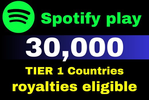 Provide 30,000 Spotify Plays USA, high quality, royalties eligible, TIER 1 countries, active user, non-drop, and lifetime guaranteed