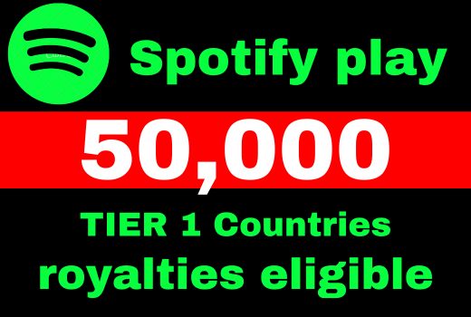 Provide 50,000 Spotify Plays USA, high quality, royalties eligible, TIER 1 countries, active user, non-drop, and lifetime guaranteed
