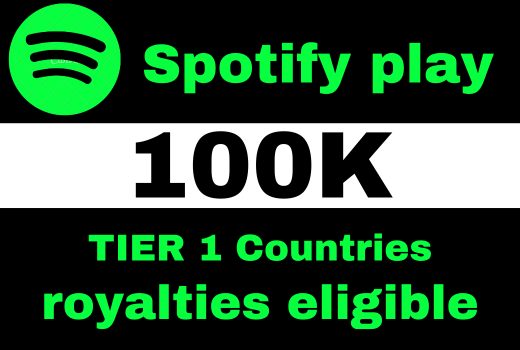 Provide 100K Spotify Plays USA, high quality, royalties eligible, TIER 1 countries, active user, non-drop, and lifetime guaranteed