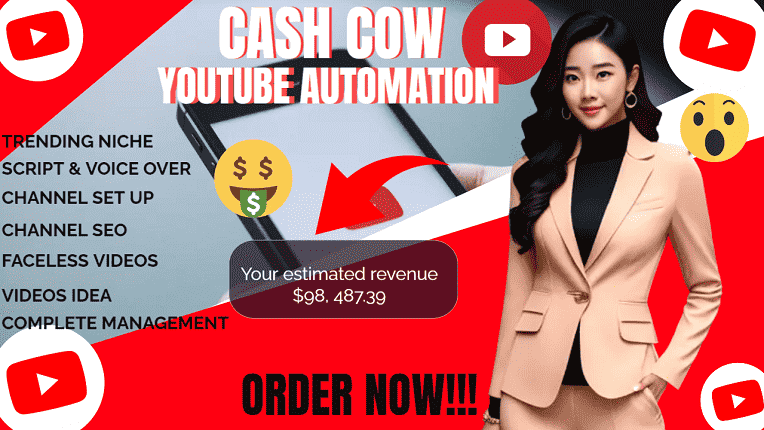 I will set up automated cash cow channel, cash cow videos, faceless cash cow shoutout