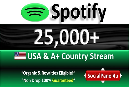 25,000+ Spotify Organic Plays from USA & A+ Country of HQ Accounts, Permanent Guaranteed