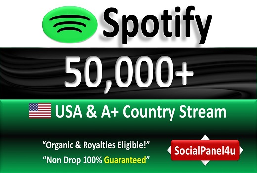 50,000+ Spotify Organic Plays from USA & A+ Country of HQ Accounts, Permanent Guaranteed
