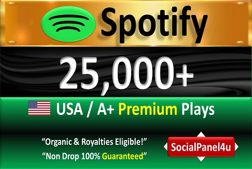 25,000+ Spotify Organic Premium Plays from USA & A+ Country of HQ Accounts, Permanent Guaranteed