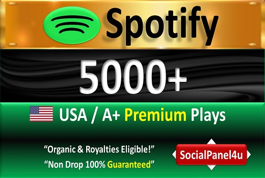 5,000+ Spotify Organic Premium Plays from USA & A+ Country of HQ Accounts, Permanent Guaranteed