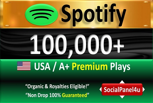 100,000+ Spotify Organic Premium Plays from USA & A+ Country of HQ Accounts, Permanent Guaranteed