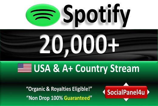 20,000+ Spotify Organic Plays from USA & A+ Country of HQ Accounts, Permanent Guaranteed