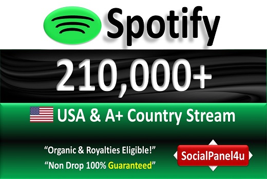 210,000+ Spotify Organic Plays from USA & A+ Country of HQ Accounts, Permanent Guaranteed