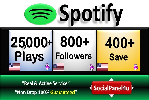 25,000+ Spotify Organic Plays, 800+ Followers, 400+ Save from USA & A+ Country of HQ Accounts, Permanent Guaranteed