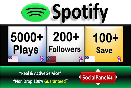 5,000+ Spotify Organic Plays, 200+ Followers, 100+ Save from USA & A+ Country of HQ Accounts, Permanent Guaranteed
