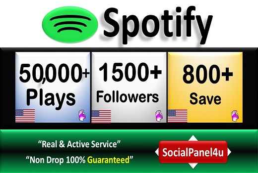 50,000+ Spotify Organic Plays, 1500+ Followers, 800+ Save from USA & A+ Country of HQ Accounts, Permanent Guaranteed