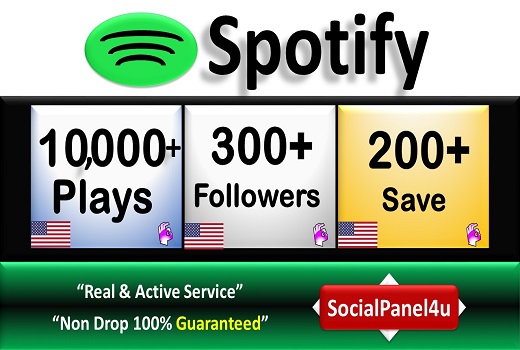 10,000+ Spotify Organic Plays, 300+ Followers, 200+ Save from USA & A+ Country of HQ Accounts, Permanent Guaranteed