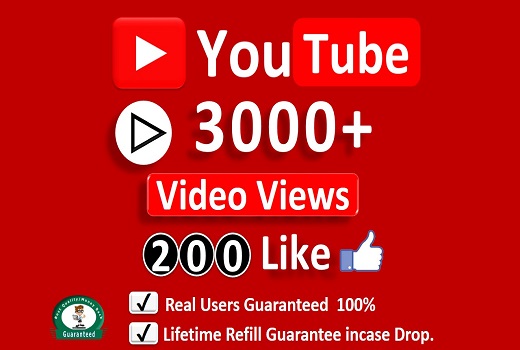 3000+ YouTube Video Views 200+ Likes 
 & 10 Comments From REAL  A+ Country Viewers, Good Retention, Non Drop / LifeTime Guarantee