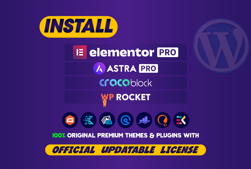 I will install elementor pro, astra pro, rank math pro, crocoblock, wp rocket, imagify and more wordpress tools
