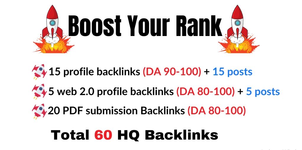 Manual 60 HQ backlinks, Profile backlinks, web 2.0, PDF submission with posts. All DA 80+