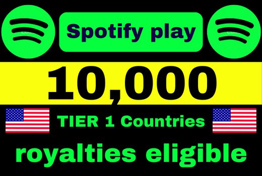 Provide 10,000 Spotify Plays , high quality, royalties eligible, TIER 1 countries, active user, non-drop, and lifetime guaranteed