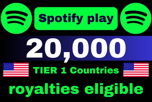 Get 20,000 Spotify Plays USA, high quality, royalties eligible, TIER 1 countries, active user, non-drop, and lifetime guaranteed