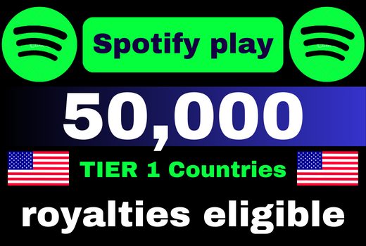 Provide 50,000 Spotify Plays , high quality, royalties eligible, TIER 1 countries, active user, non-drop, and lifetime guaranteed